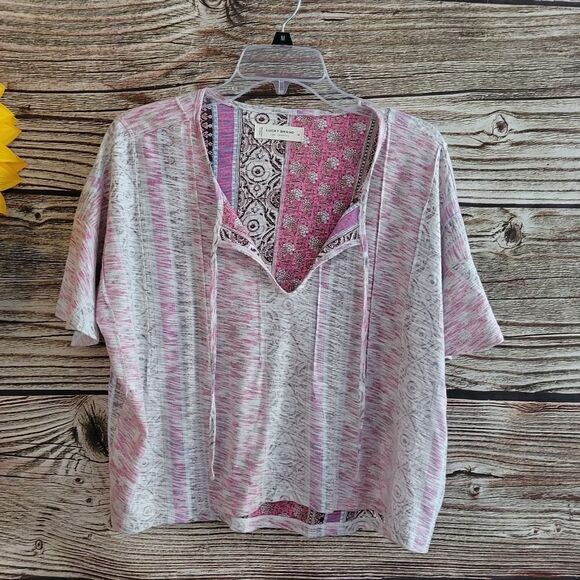 "Lucky Brand " Woman's Pullover Top Size: medium pink/brown multicolored NWT - Picture 1 of 8